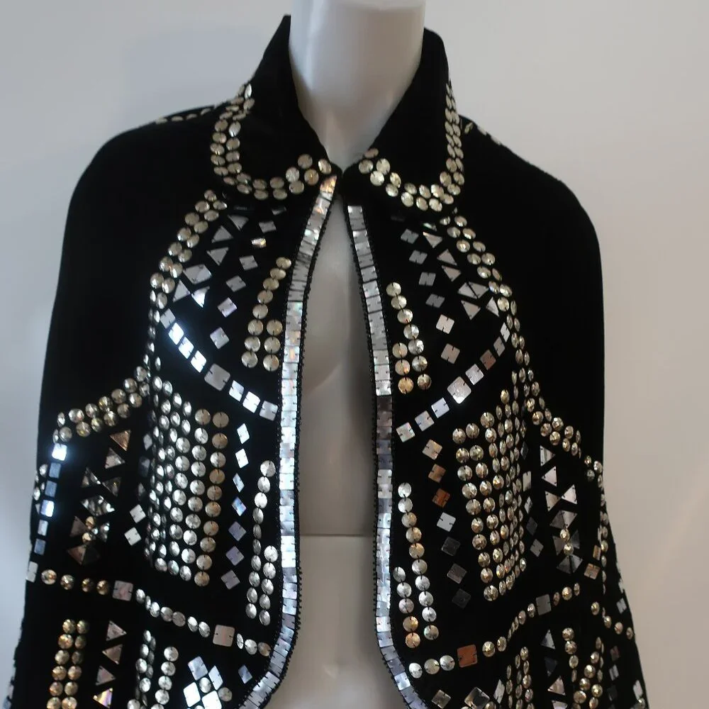 NWT Tina Demel Black Velvet Mirrored Embellished Peter Pan Collar Capelet OS - Picture 6 of 14